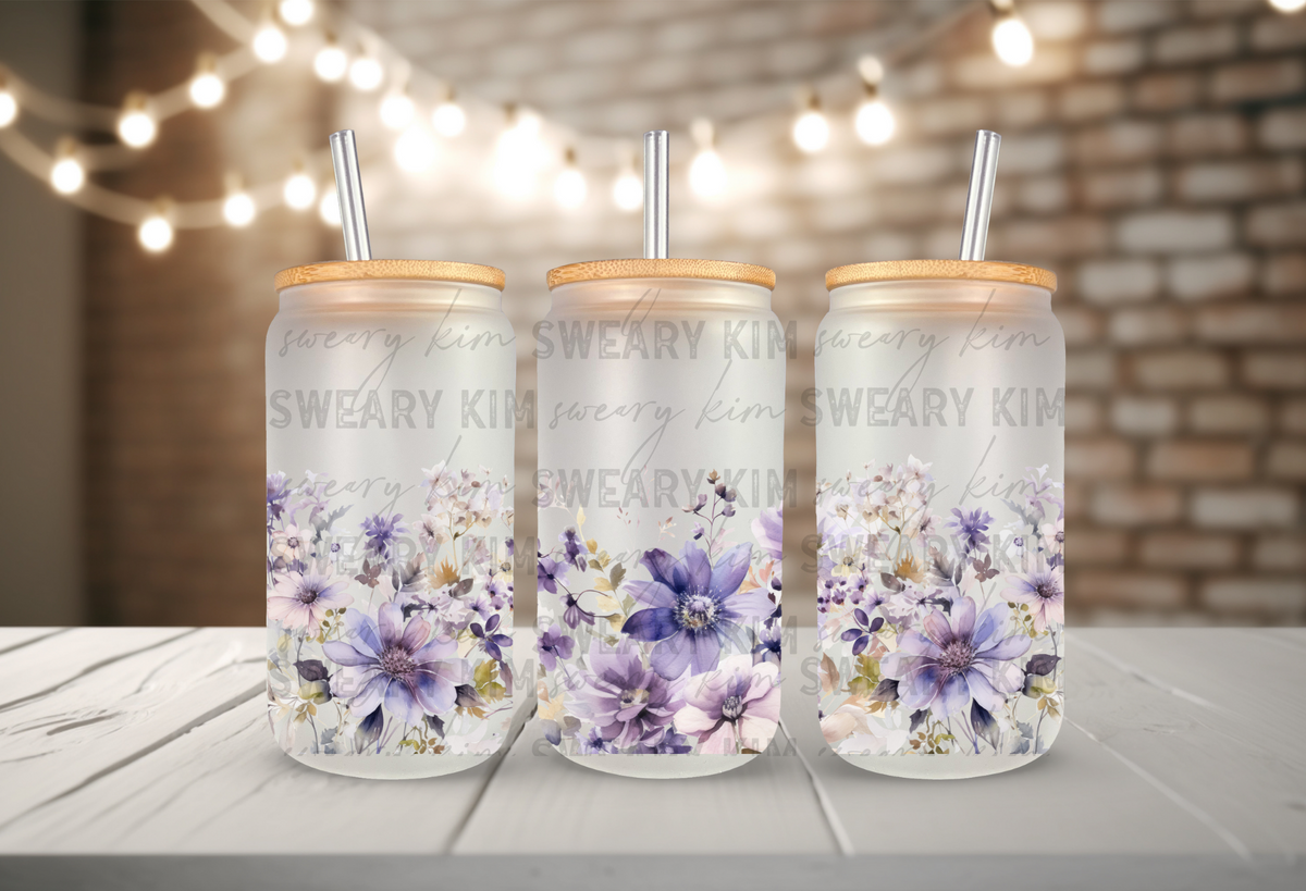 Purple Floral Border UV Dtf 16oz glass can wrap