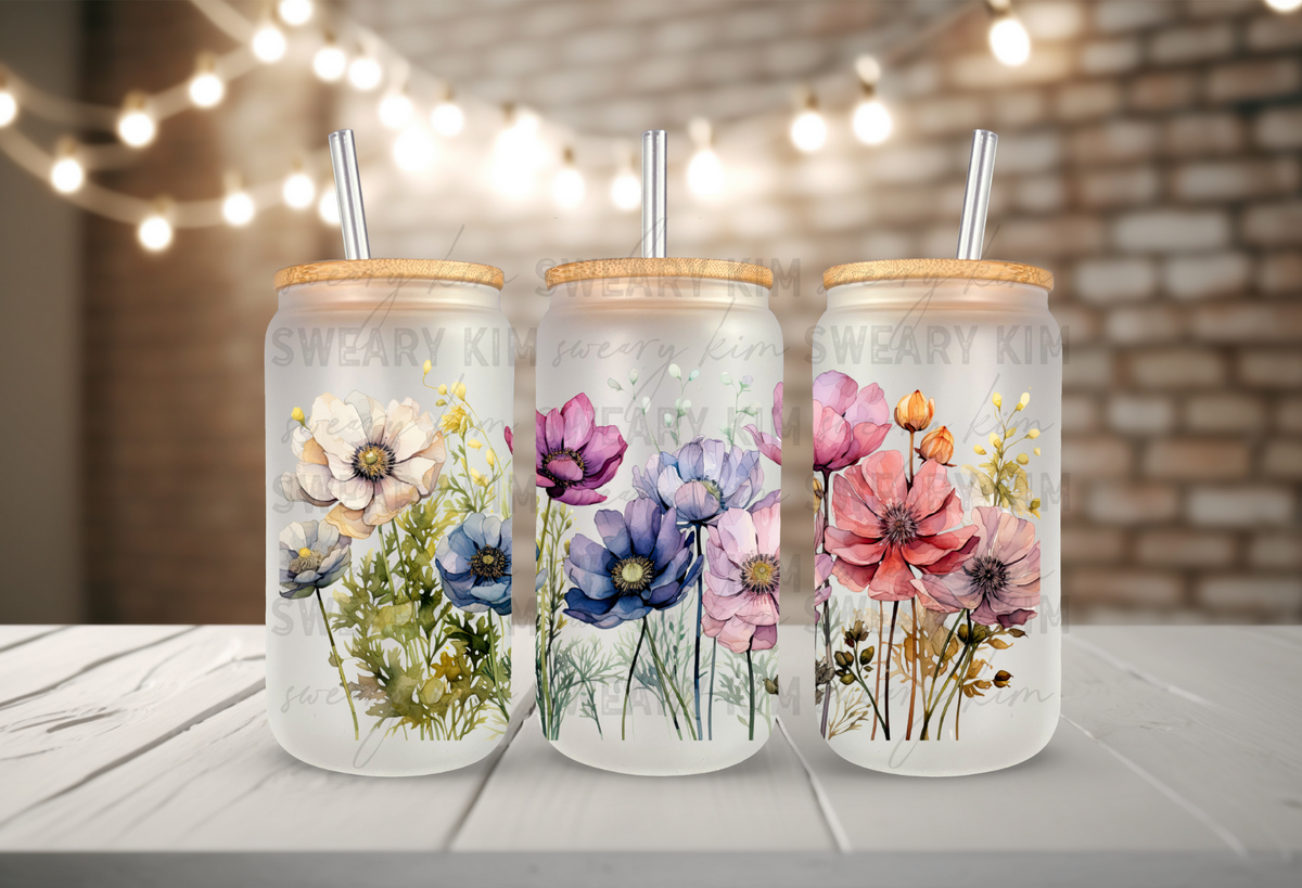 Colorful Watercolor Wildflowers UV Dtf 16oz glass can wrap