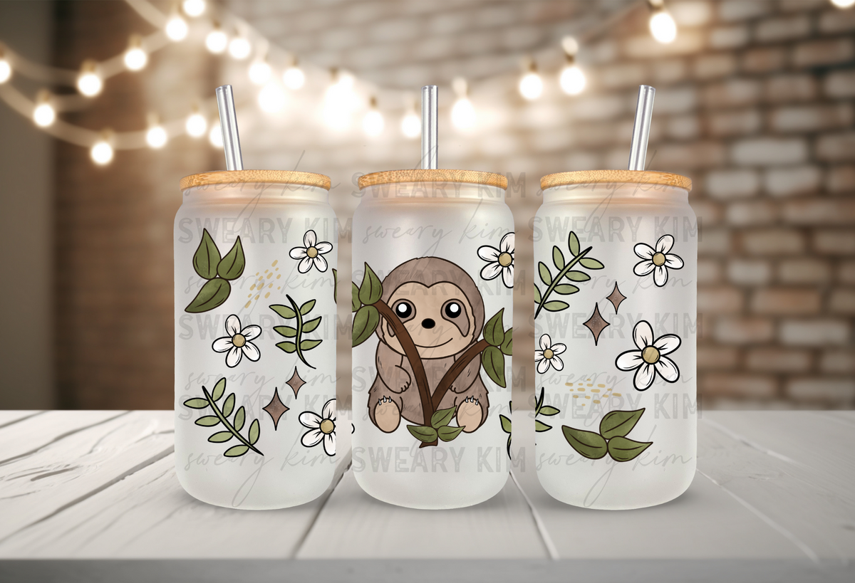 Exclusive Sloth UV Dtf 16oz glass can wrap
