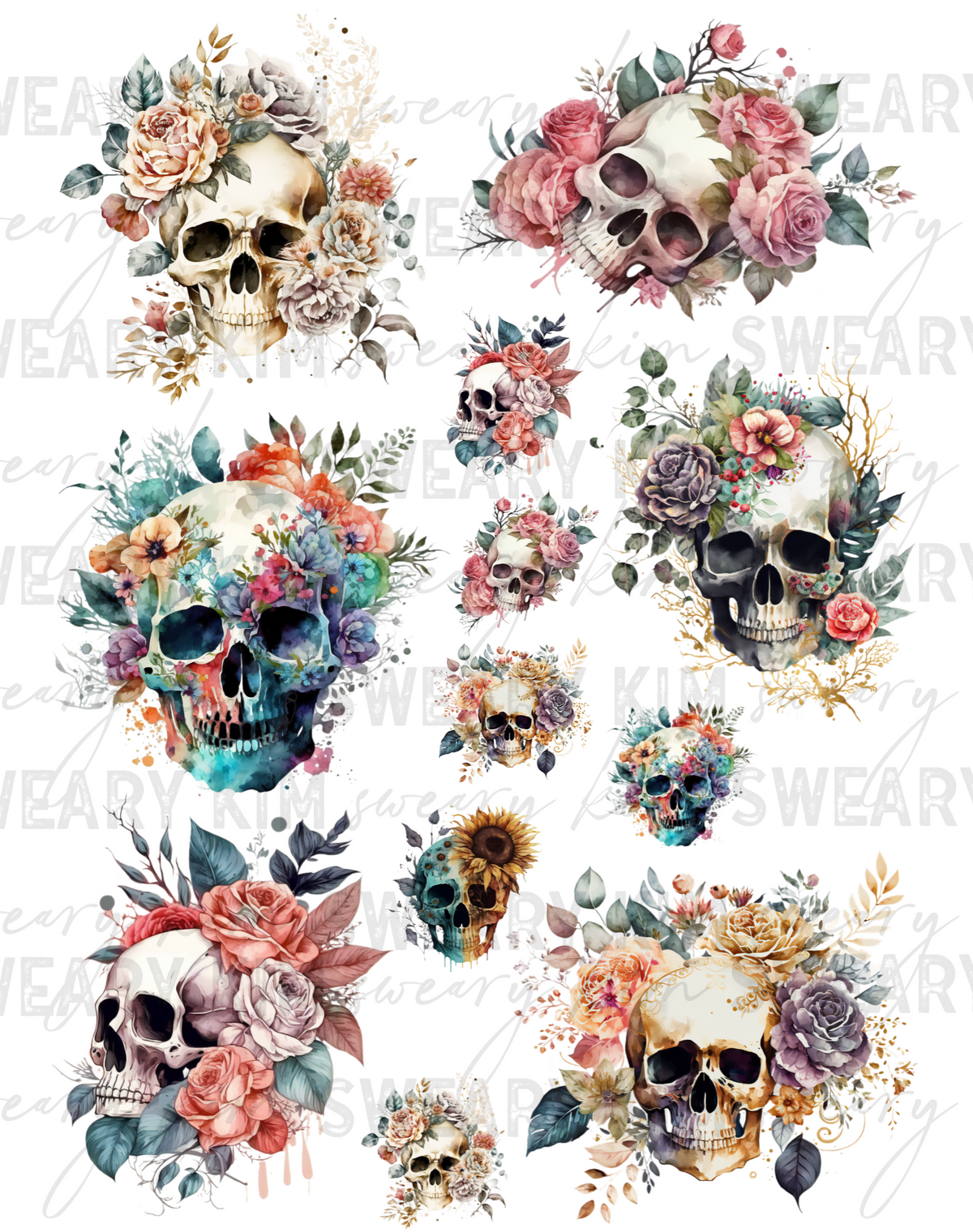 Watercolor Floral Skulls UV Dtf Element Sheet 7.5inx10.5in