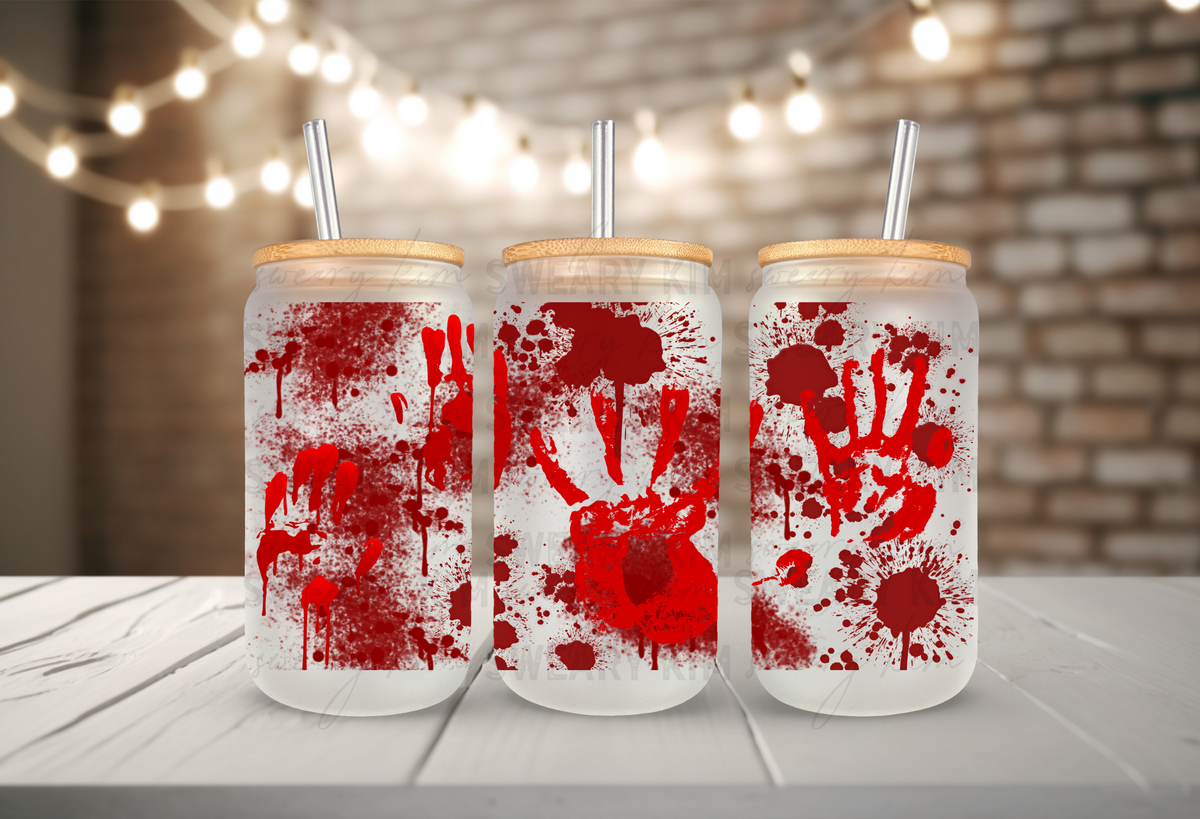 Bloody Handprints UV Dtf 16oz glass can wrap