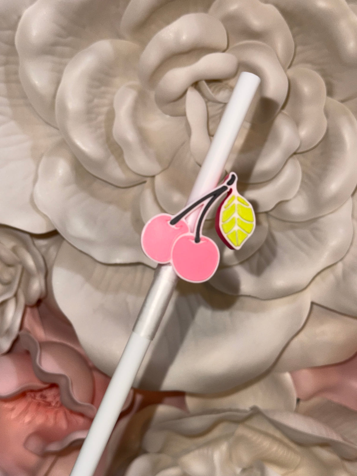 Pink Cherry With Leaf Straw Topper
