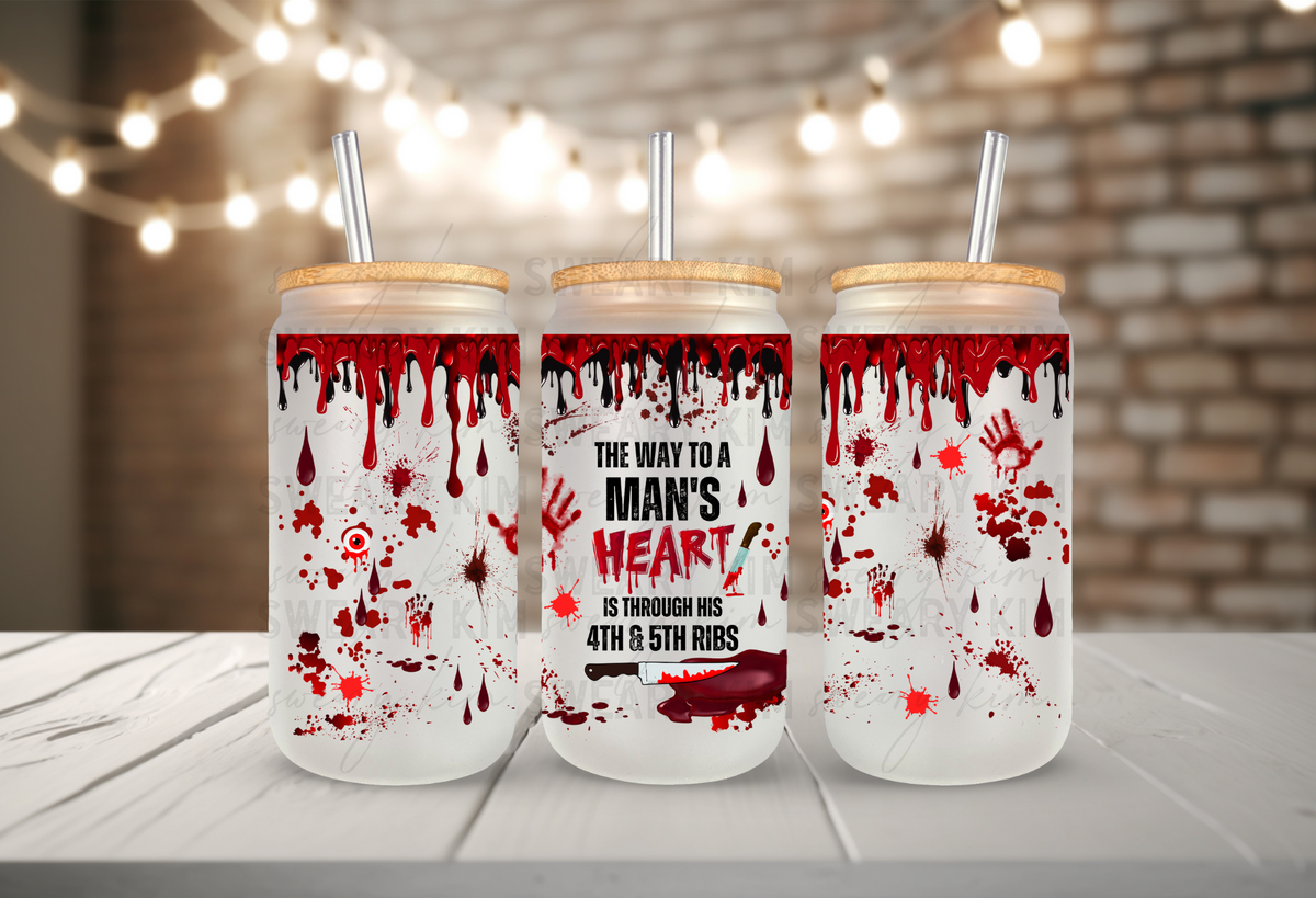 The Way To A Man's Heart Horror UV Dtf 16oz Glass Can Wrap