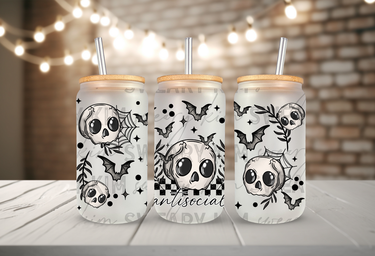 Antisocial Skulls UV Dtf 16oz glass can wrap