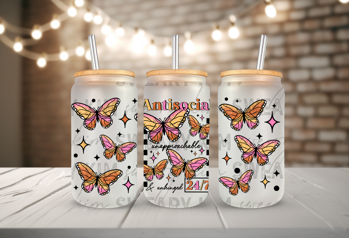 Antisocial 24/7 Butterflies UV Dtf 16oz glass can wrap