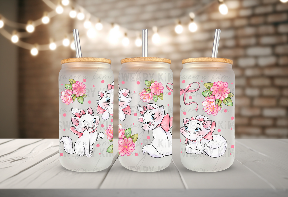 Pink Bow Cat UV Dtf 16oz glass can wrap