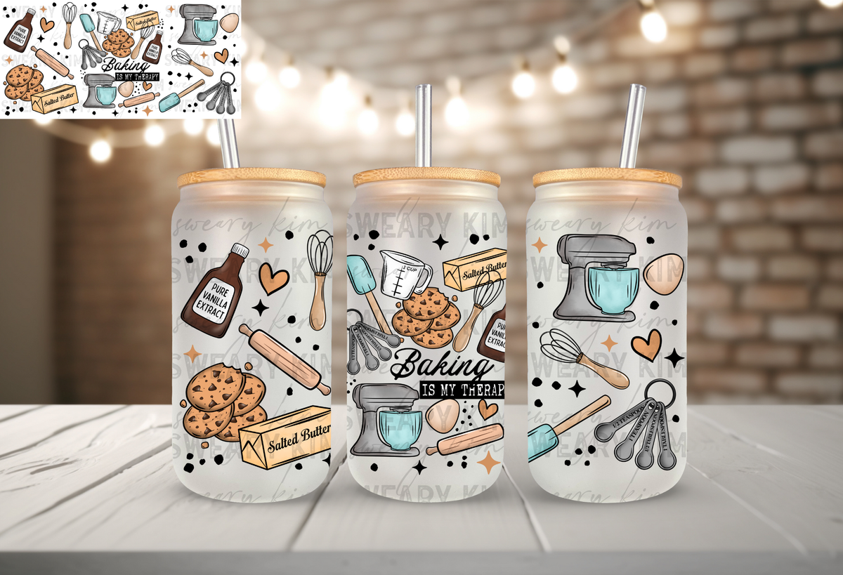 Baking Is Therapy UV Dtf 16oz glass can wrap