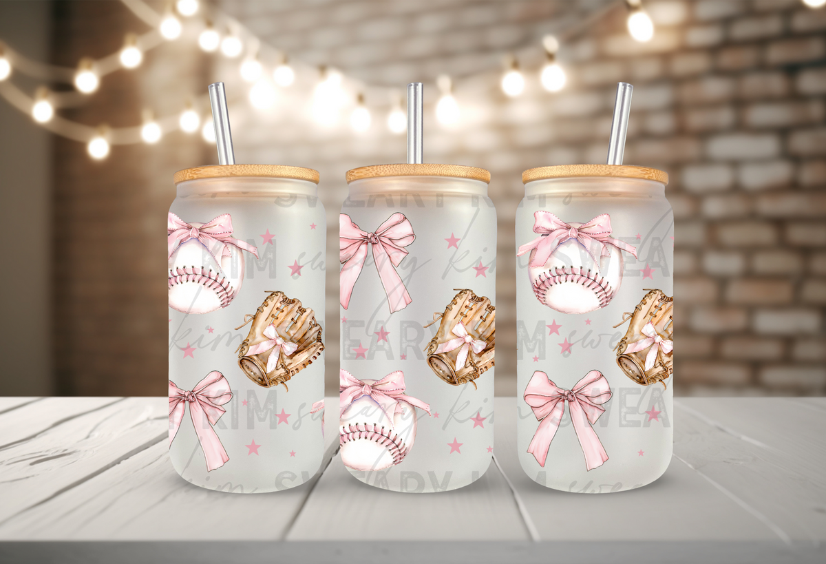 Baseball & Bows UV Dtf 16oz glass can wrap