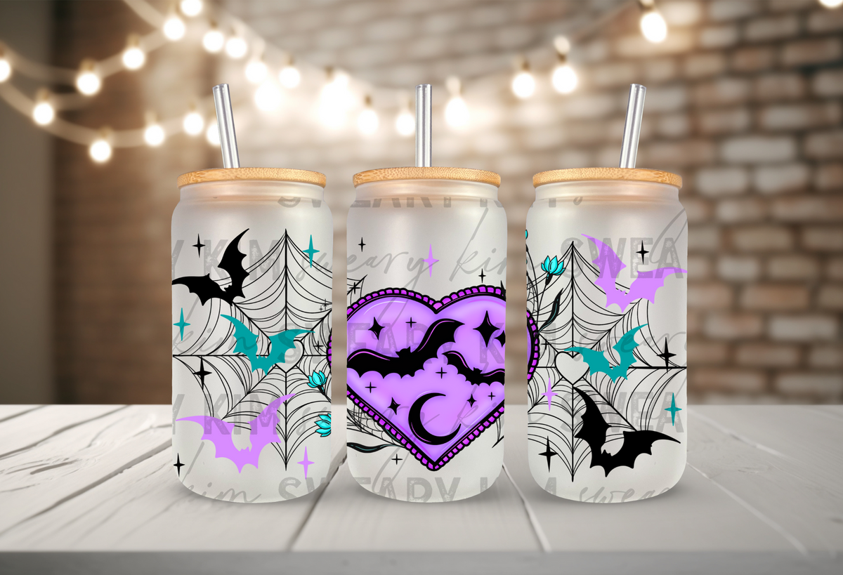 Purple Heart Bats & Webs UV Dtf 16oz glass can wrap