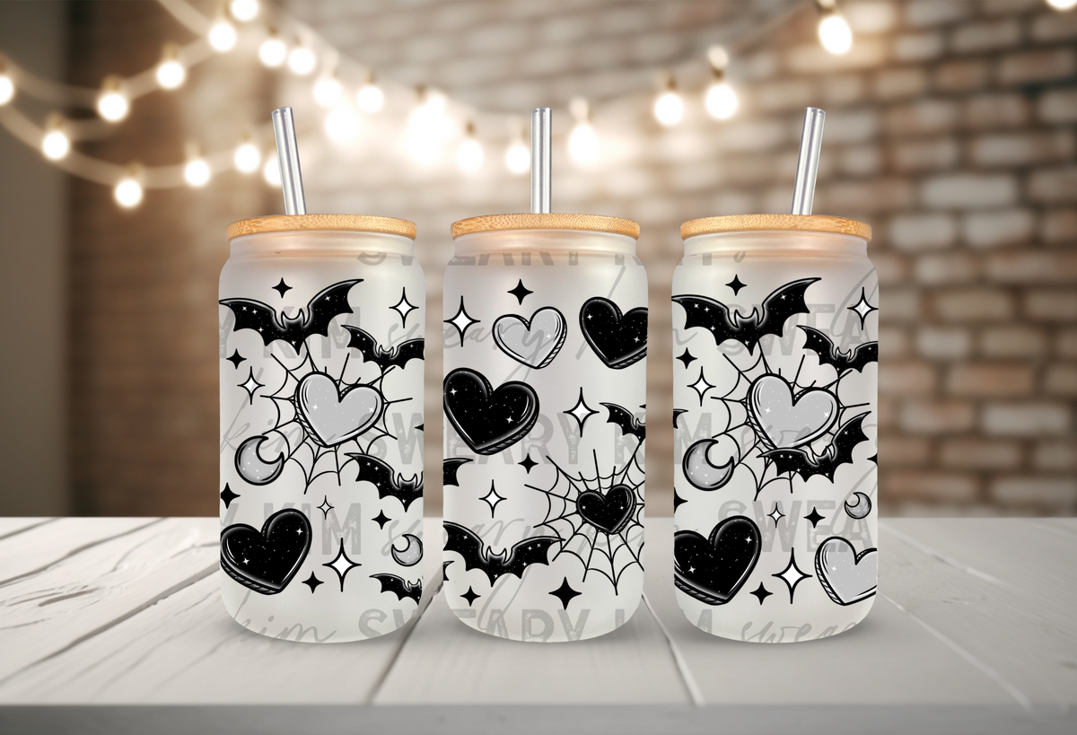 Black Bats, Hearts, & Webs UV Dtf 16oz glass can wrap