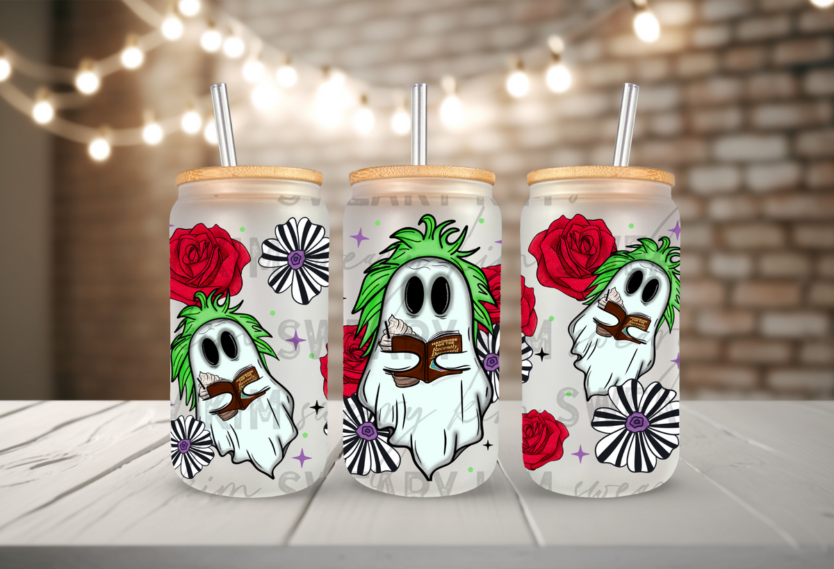 Beetle Ghosts & Flowers UV Dtf 16oz glass can wrap