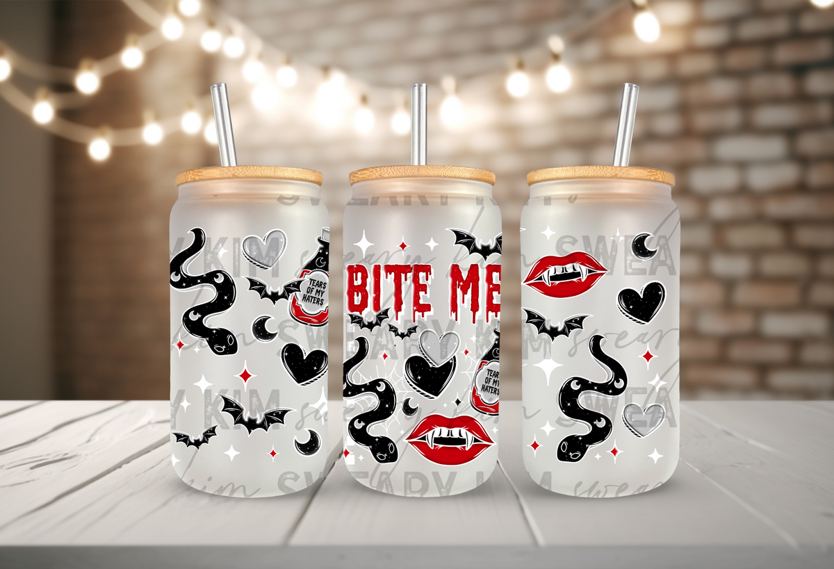 Bite Me UV Dtf 16oz glass can wrap