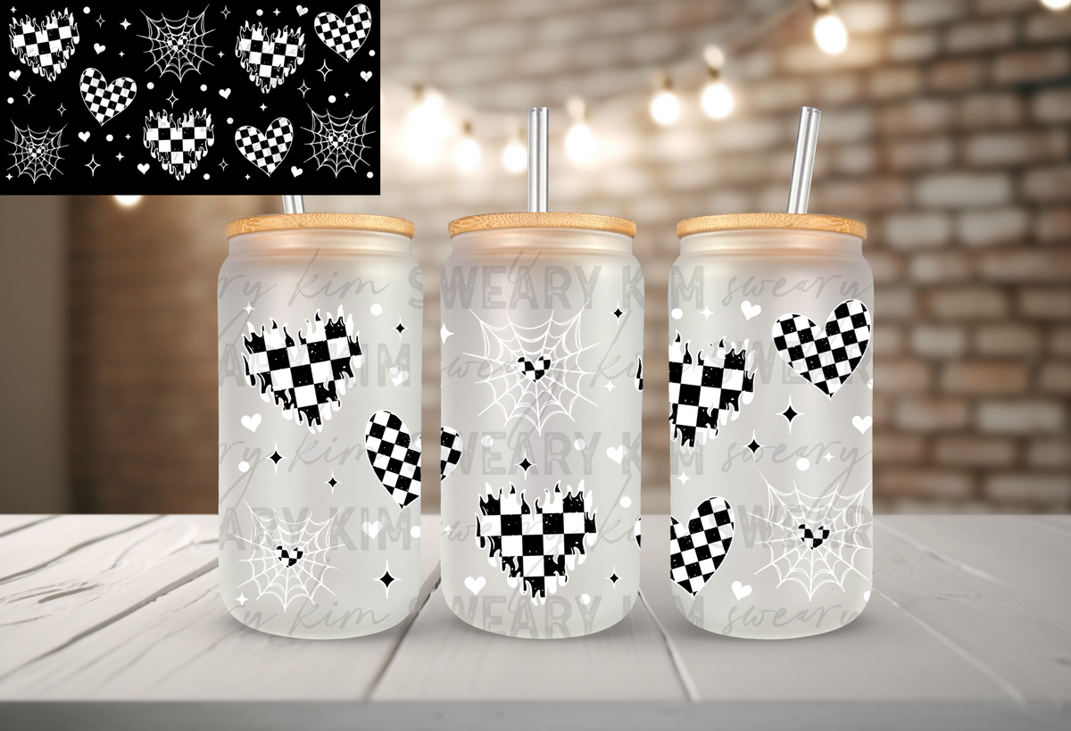 White Outlined Black Checkered Hearts UV Dtf 16oz glass can wrap