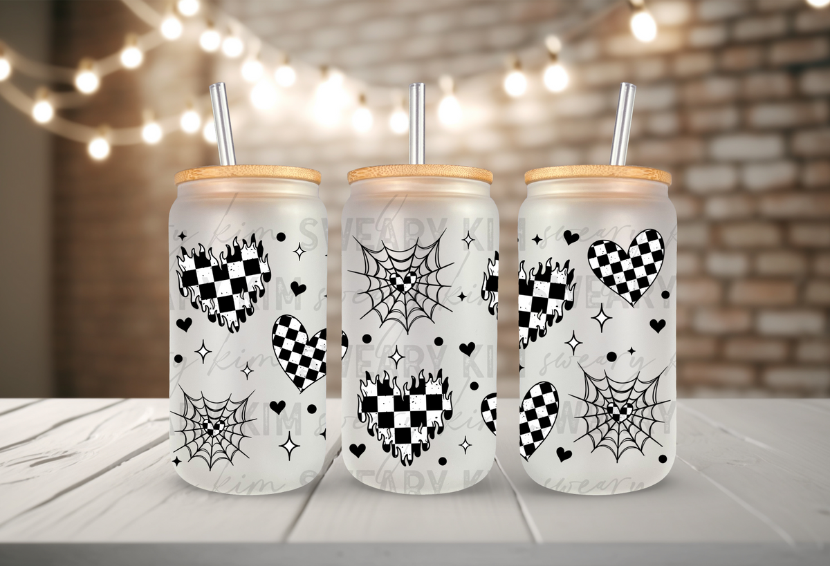 Black Outlined Black Checkered Hearts UV Dtf 16oz glass can wrap