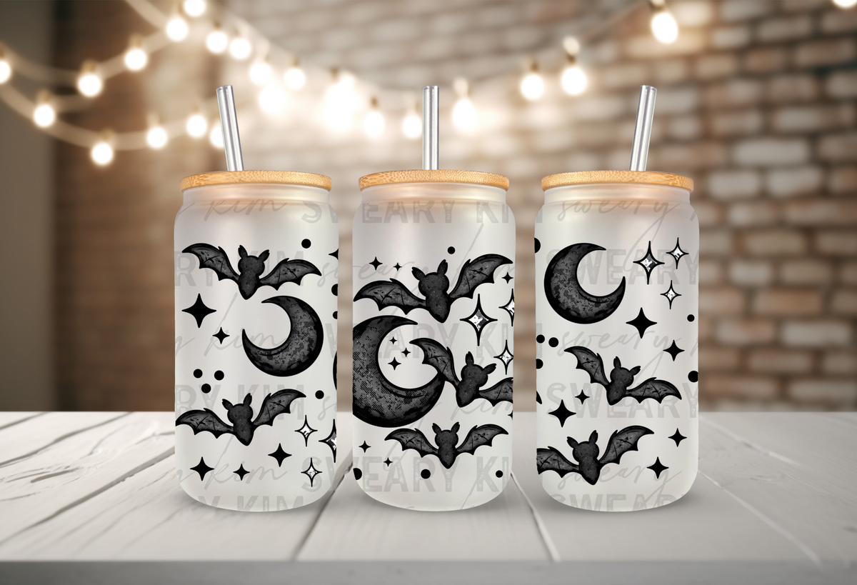 Batty Moons & Stars UV Dtf 16oz glass can wrap