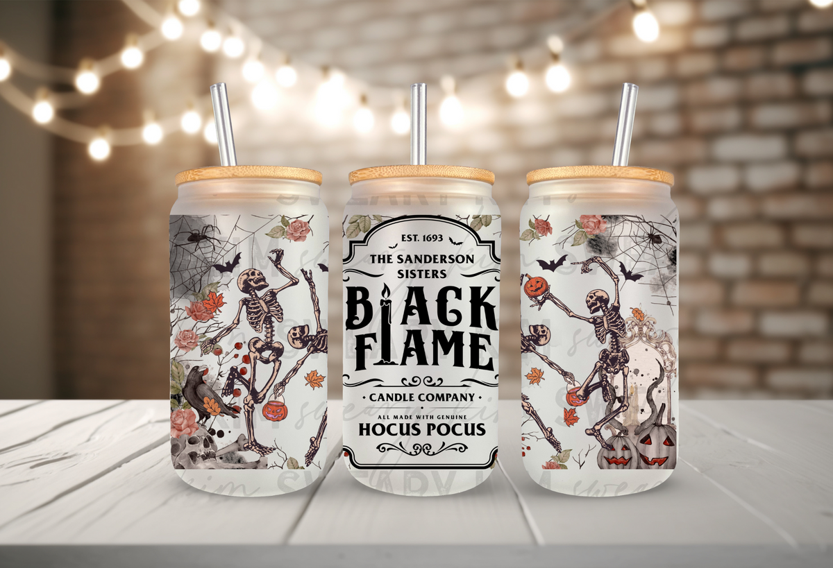 Sanderson's Black Flame Candle Co UV Dtf 16oz glass can wrap