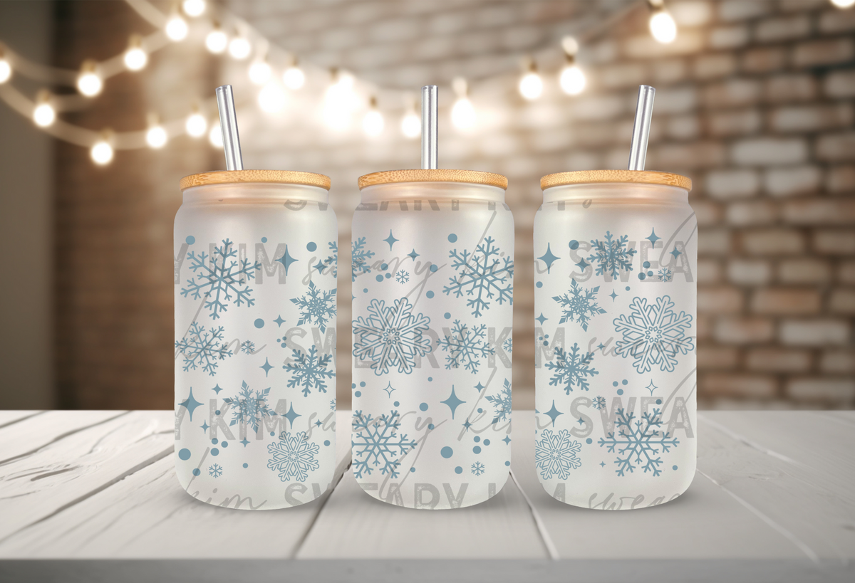 Dusty Blue Snowflakes UV Dtf 16oz glass can wrap