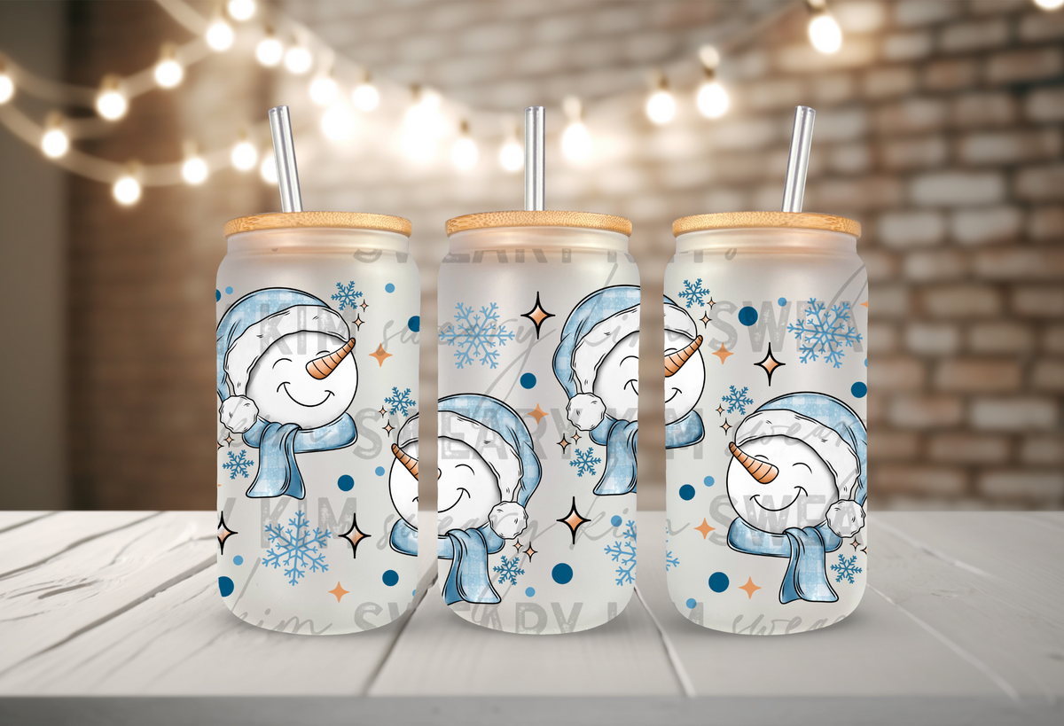 Happy Snowmen UV Dtf 16oz glass can wrap