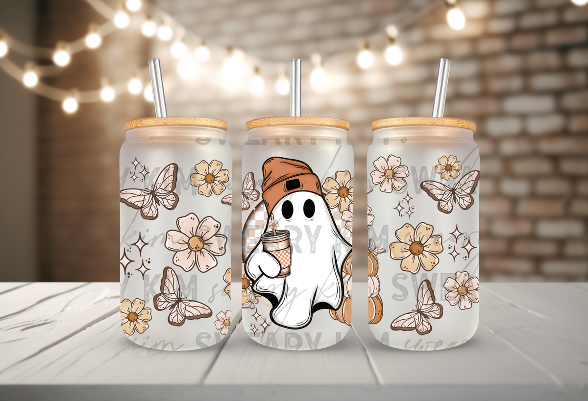 Fall Floral Ghost UV Dtf 16oz glass can wrap