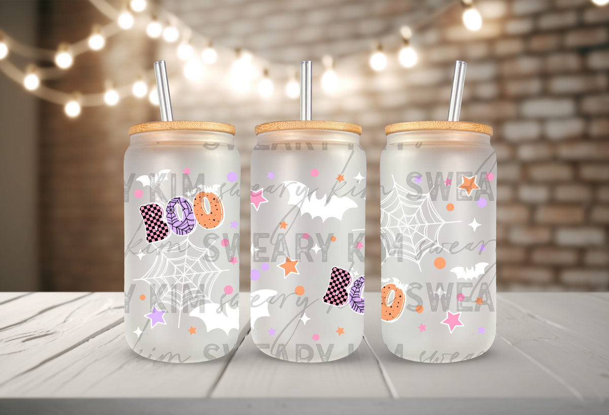 Boo, Bats, & Webs UV Dtf 16oz glass can wrap