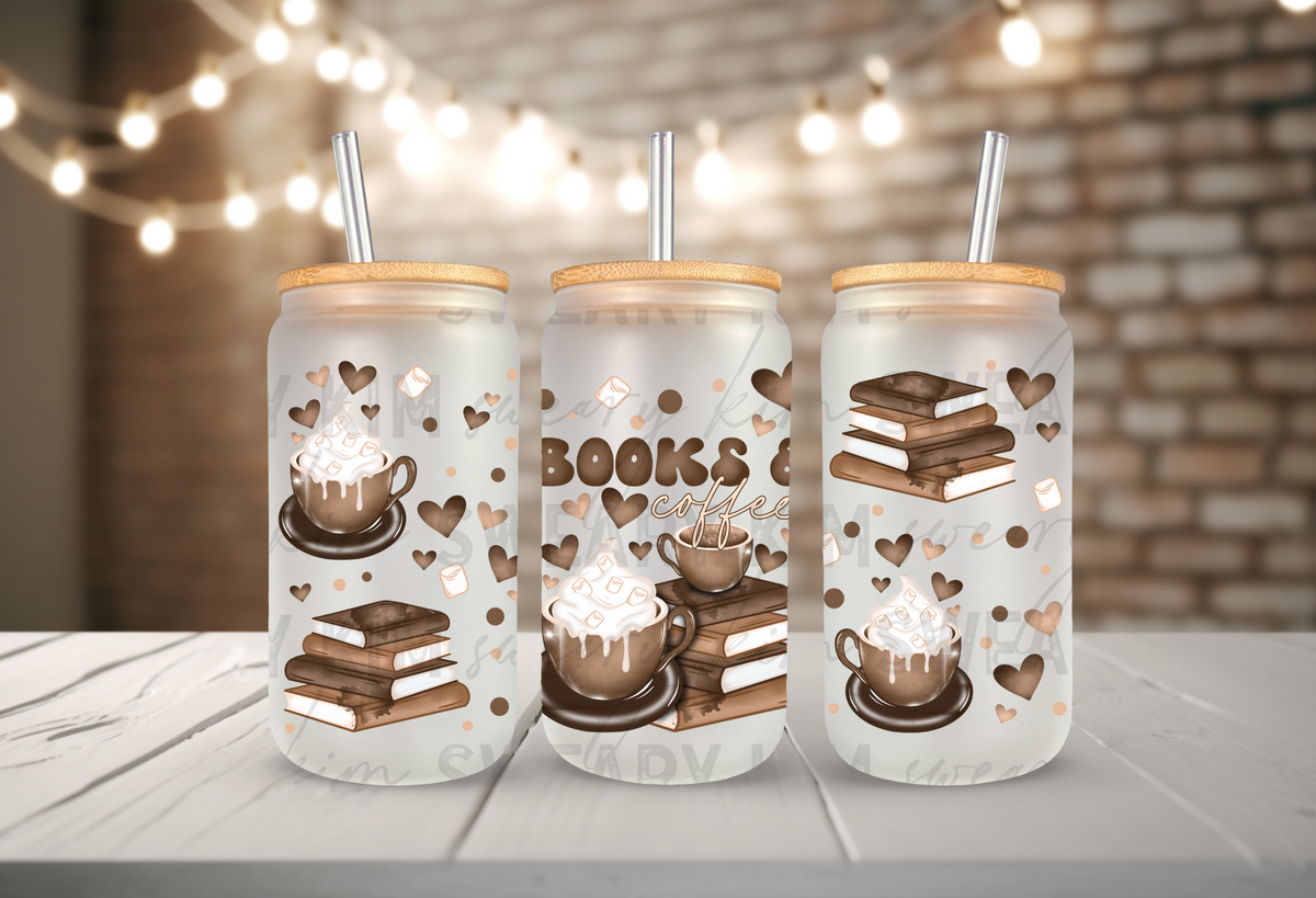 Books & Coffee UV Dtf 16oz glass can wrap