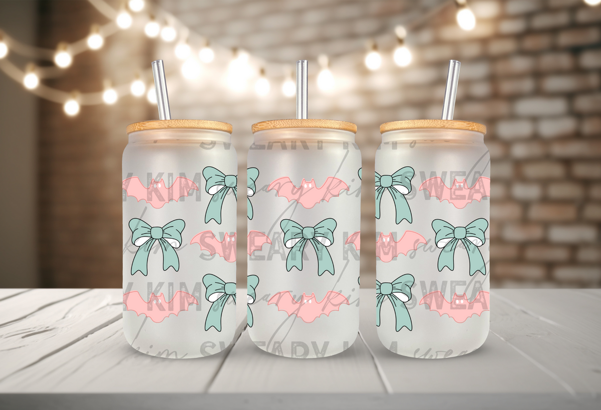 Blush Bats & Mint Bows UV Dtf 16oz glass can wrap