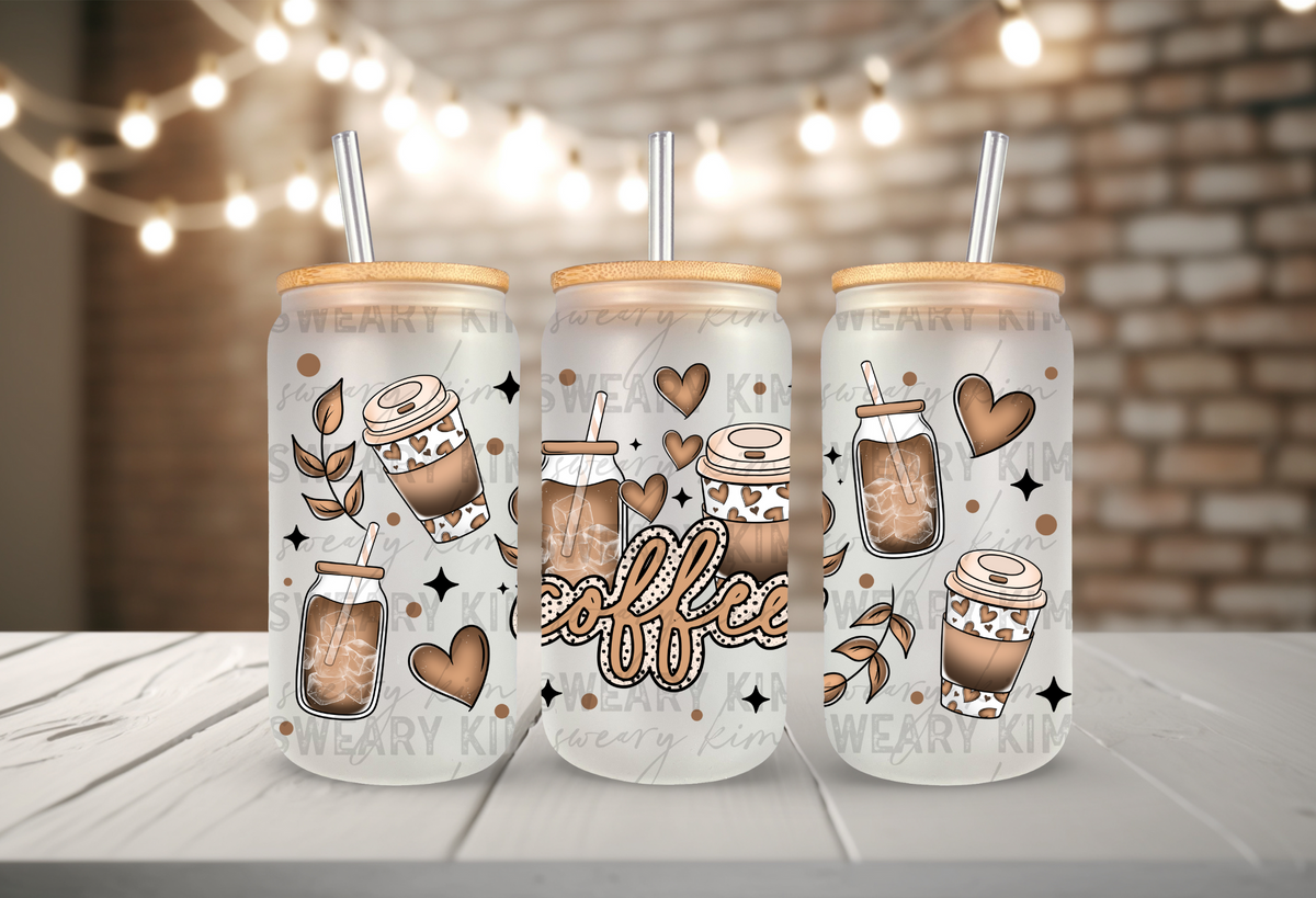 Coffee Cups & Hearts UV Dtf 16oz glass can wrap