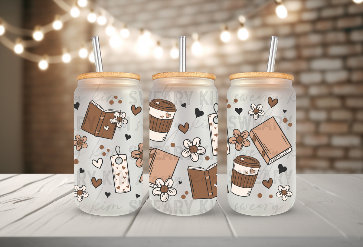 Books, Coffee, & Bookmarks UV Dtf 16oz glass can wrap