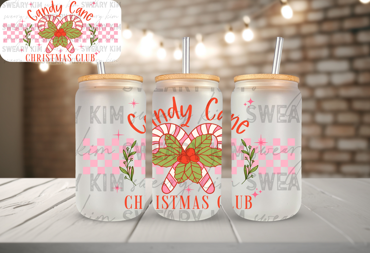 Exclusive Candy Cane Christmas Club UV Dtf 16oz glass can wrap