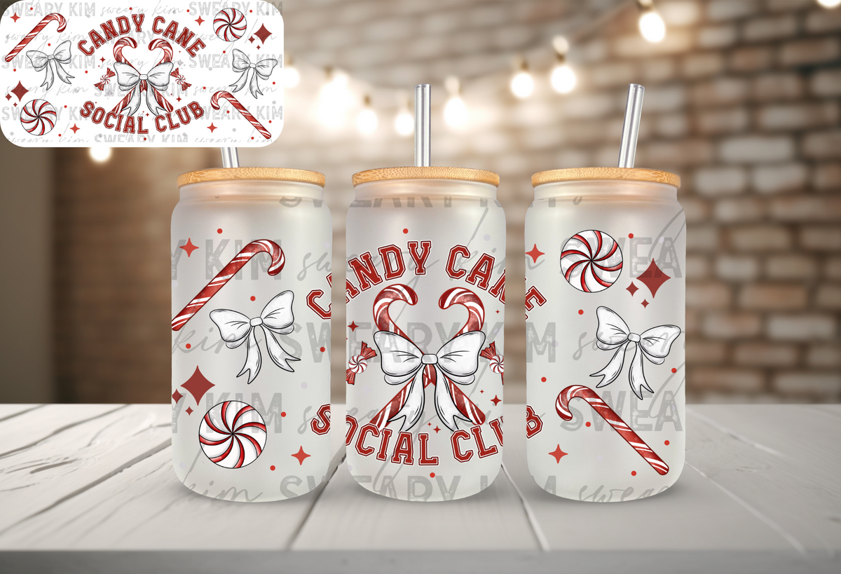 Candy Cane Social Club UV Dtf 16oz glass can wrap