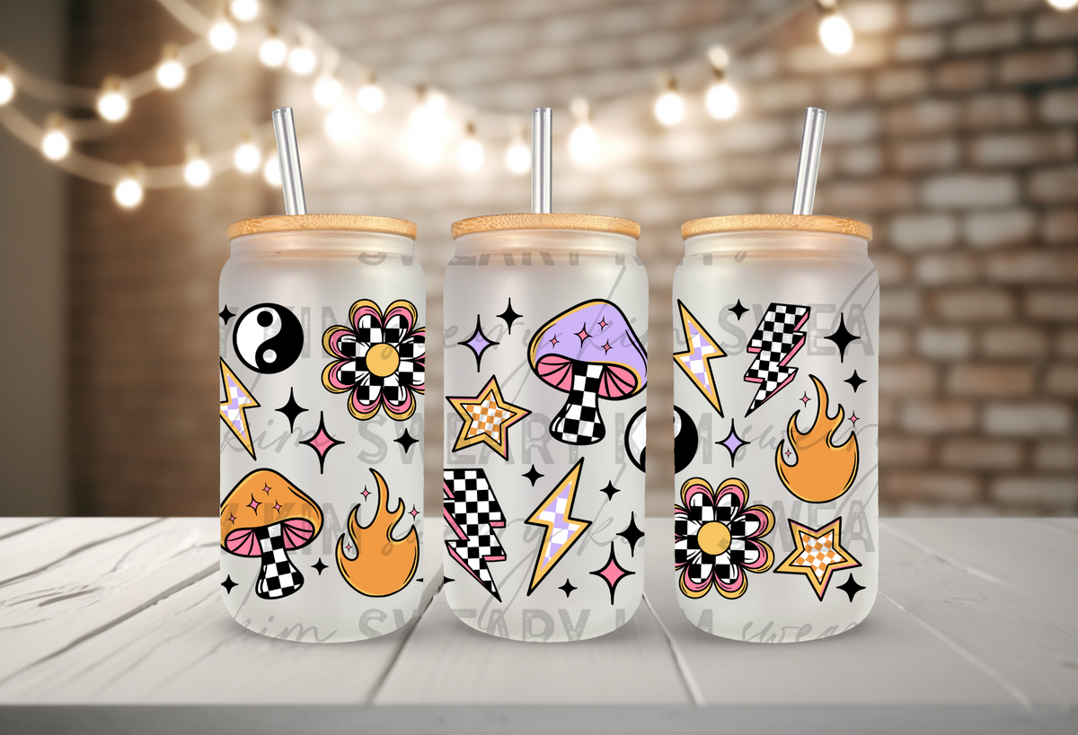 Retro Checkered Mushies & Flowers UV Dtf 16oz glass can wrap