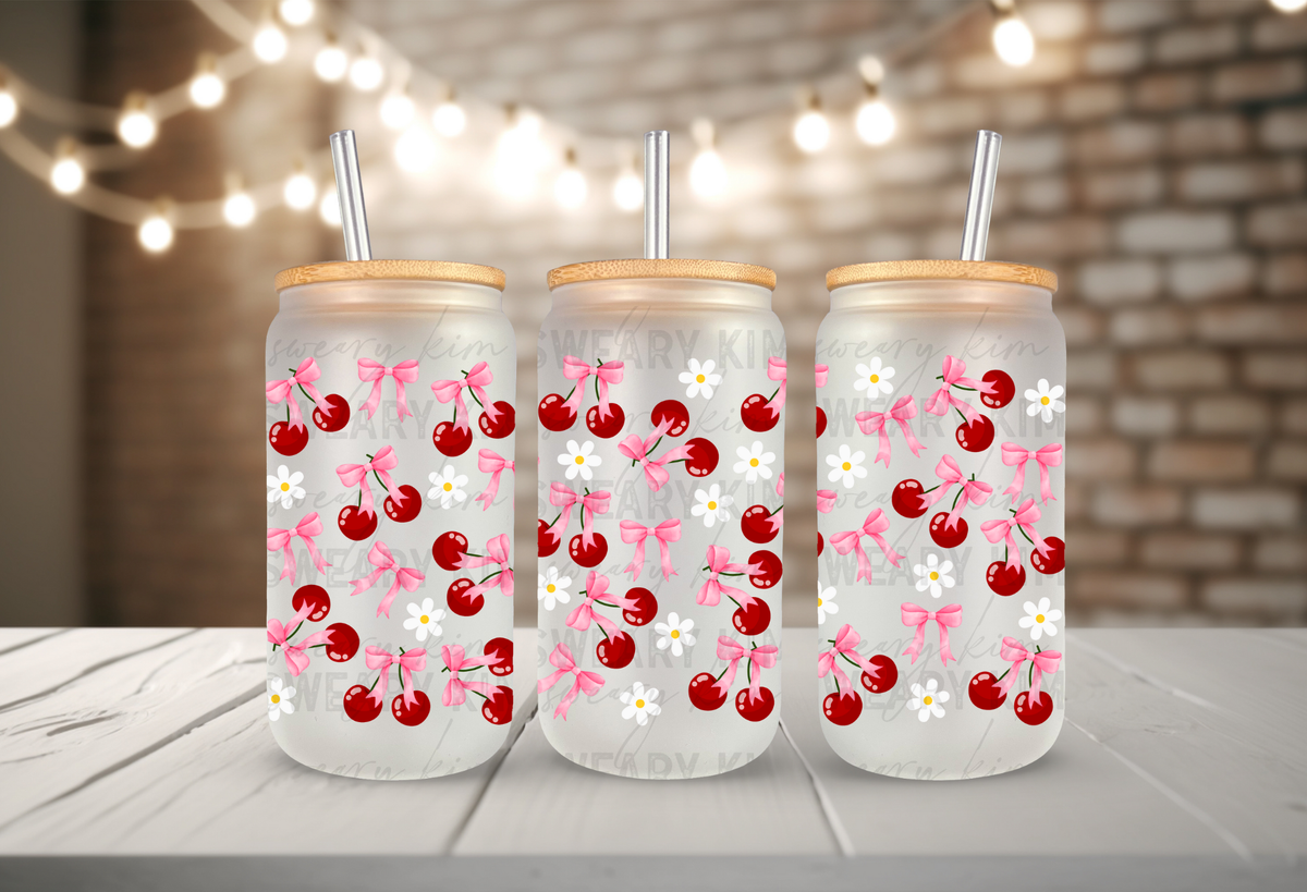 White Flowers & Pink Bow Cherries UV Dtf 16oz glass can wrap