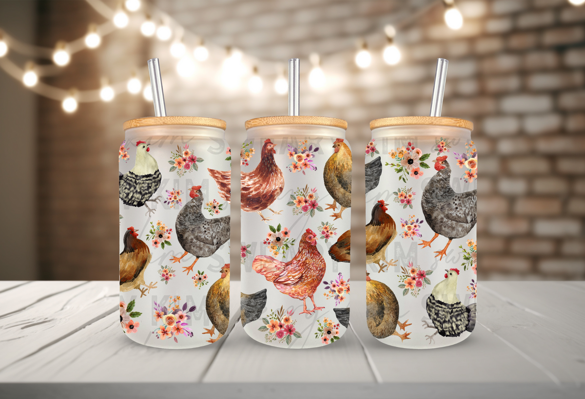 Chickens & Pink Bouquets UV Dtf 16oz glass can wrap