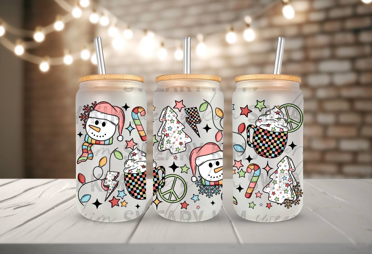 Disco Snowmen UV Dtf 16oz glass can wrap