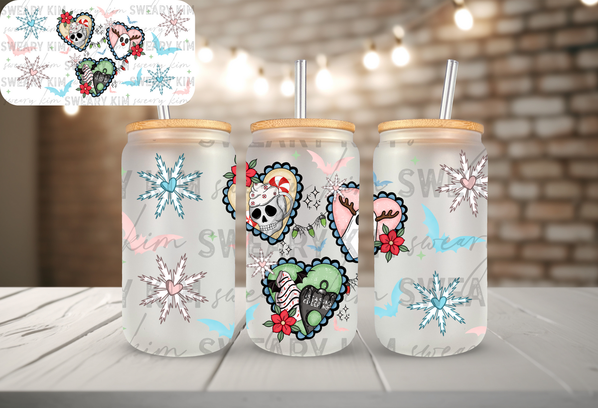 Christmas Hearts UV Dtf 16oz glass can wrap