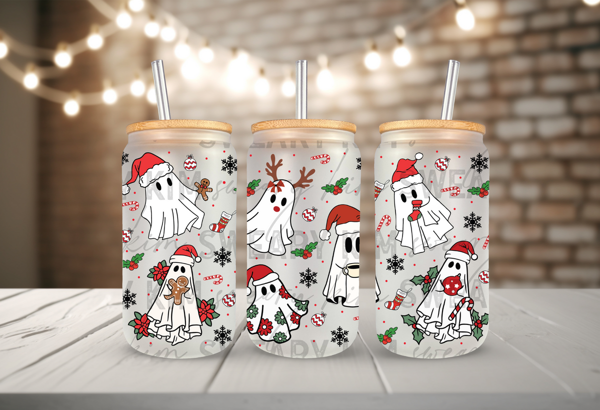 Floral & Reindeer Ghosts UV Dtf 16oz glass can wrap