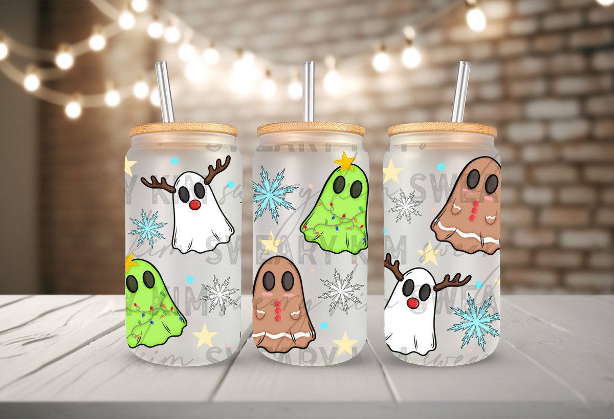 Christmas Themed Ghosts UV Dtf 16oz glass can wrap