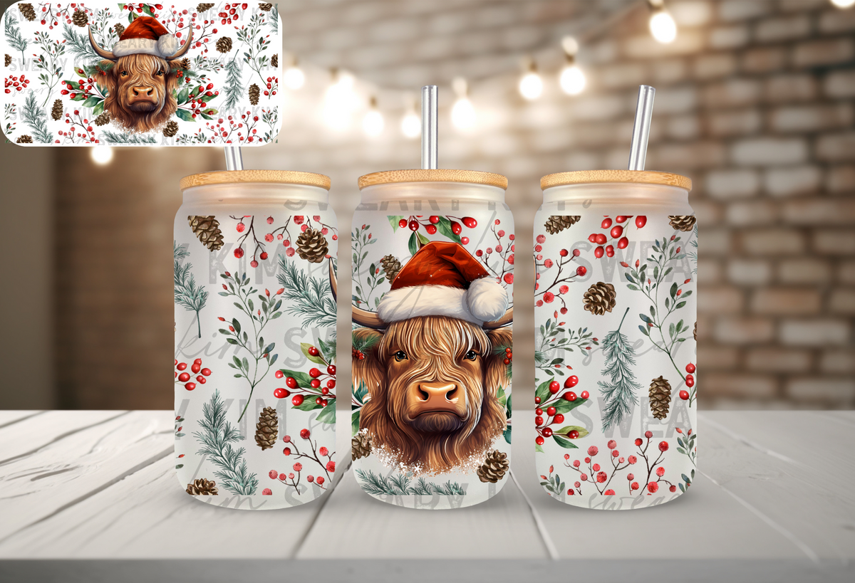 Christmas Highland Cow UV Dtf 16oz glass can wrap