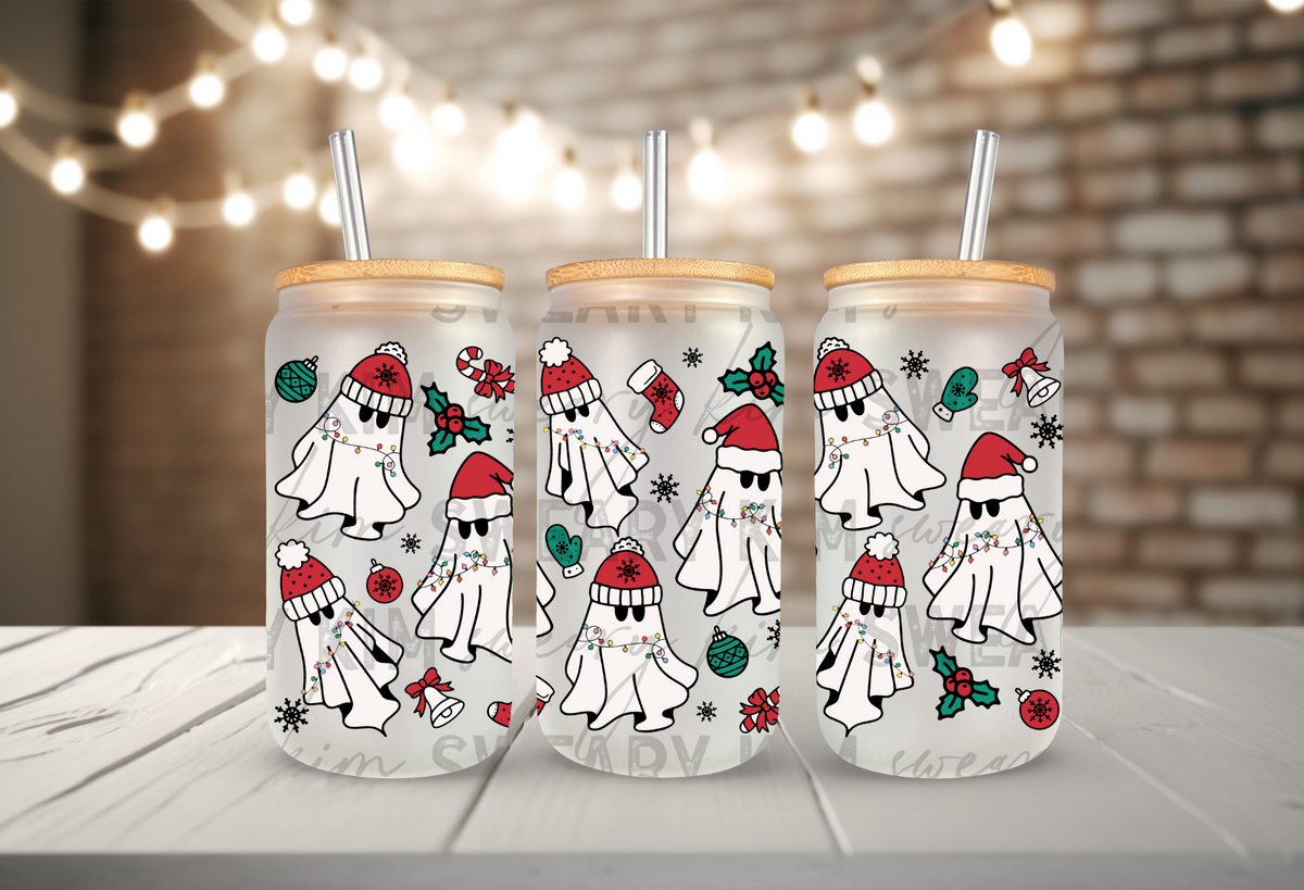 Christmas Ghosts With Lights UV Dtf 16oz glass can wrap