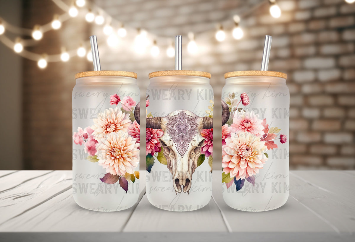 Boho Floral Bull Skull UV Dtf 16oz glass can wrap