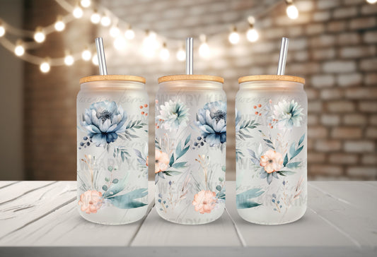Blue Watercolor Florals UV Dtf 16oz glass can wrap