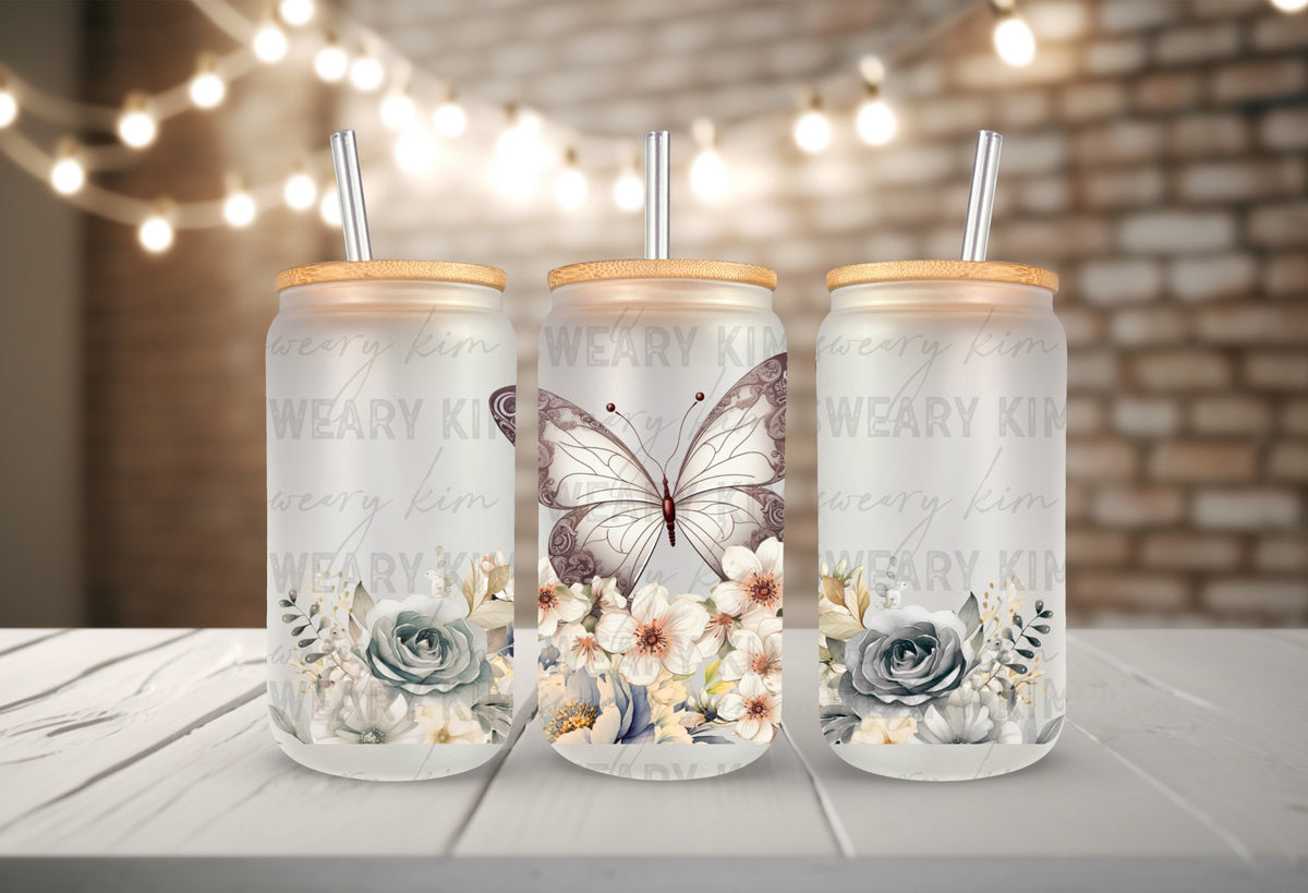 Neutral Floral Butterfly UV Dtf 16oz glass can wrap