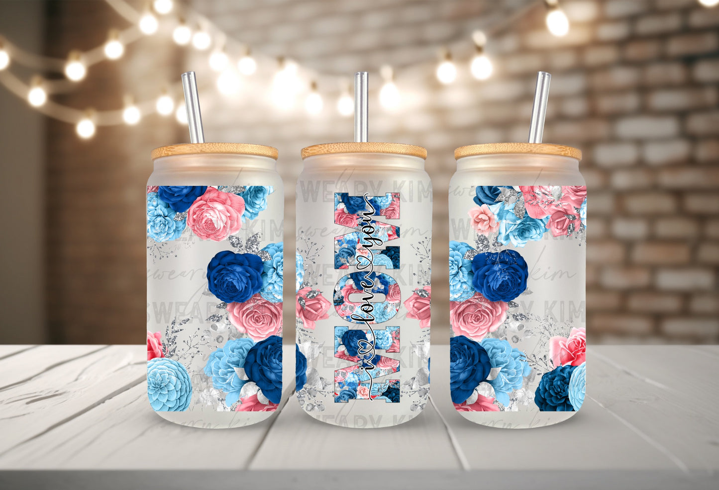 Blue Floral Love You Mom UV Dtf 16oz glass can wrap
