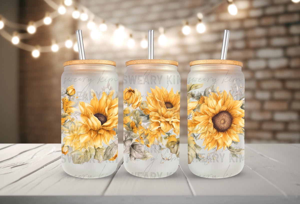 Watercolor Sunflowers UV Dtf 16oz glass can wrap