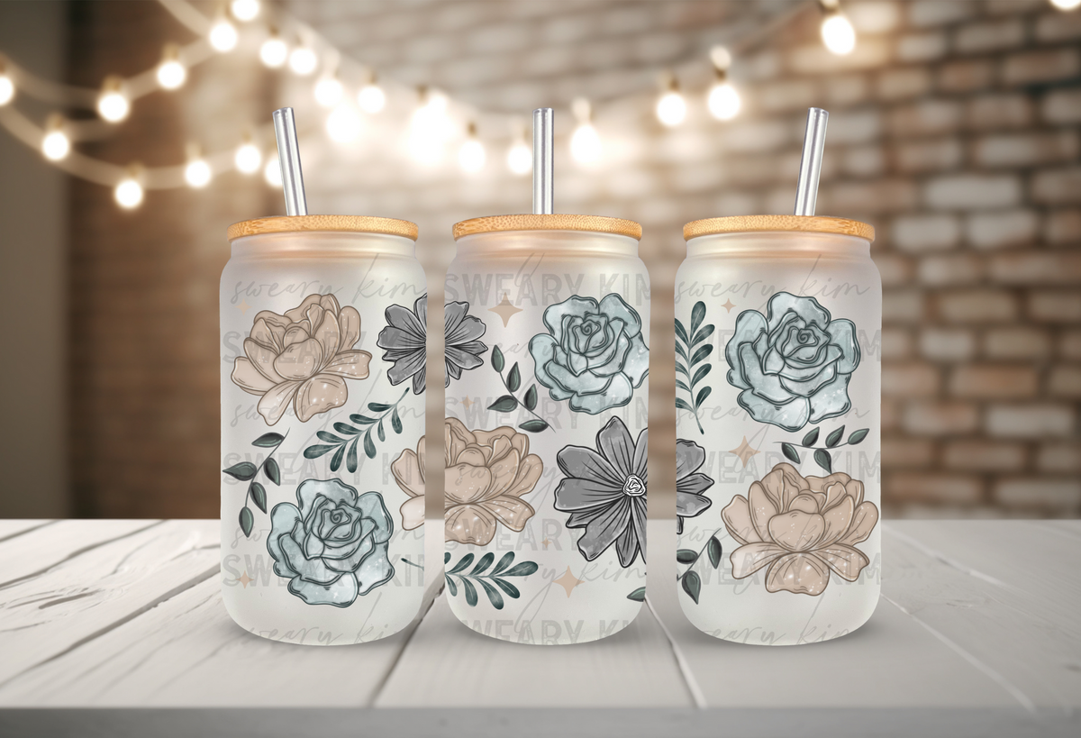 Neutral Blue Florals Exclusive UV Dtf 16oz glass can wrap