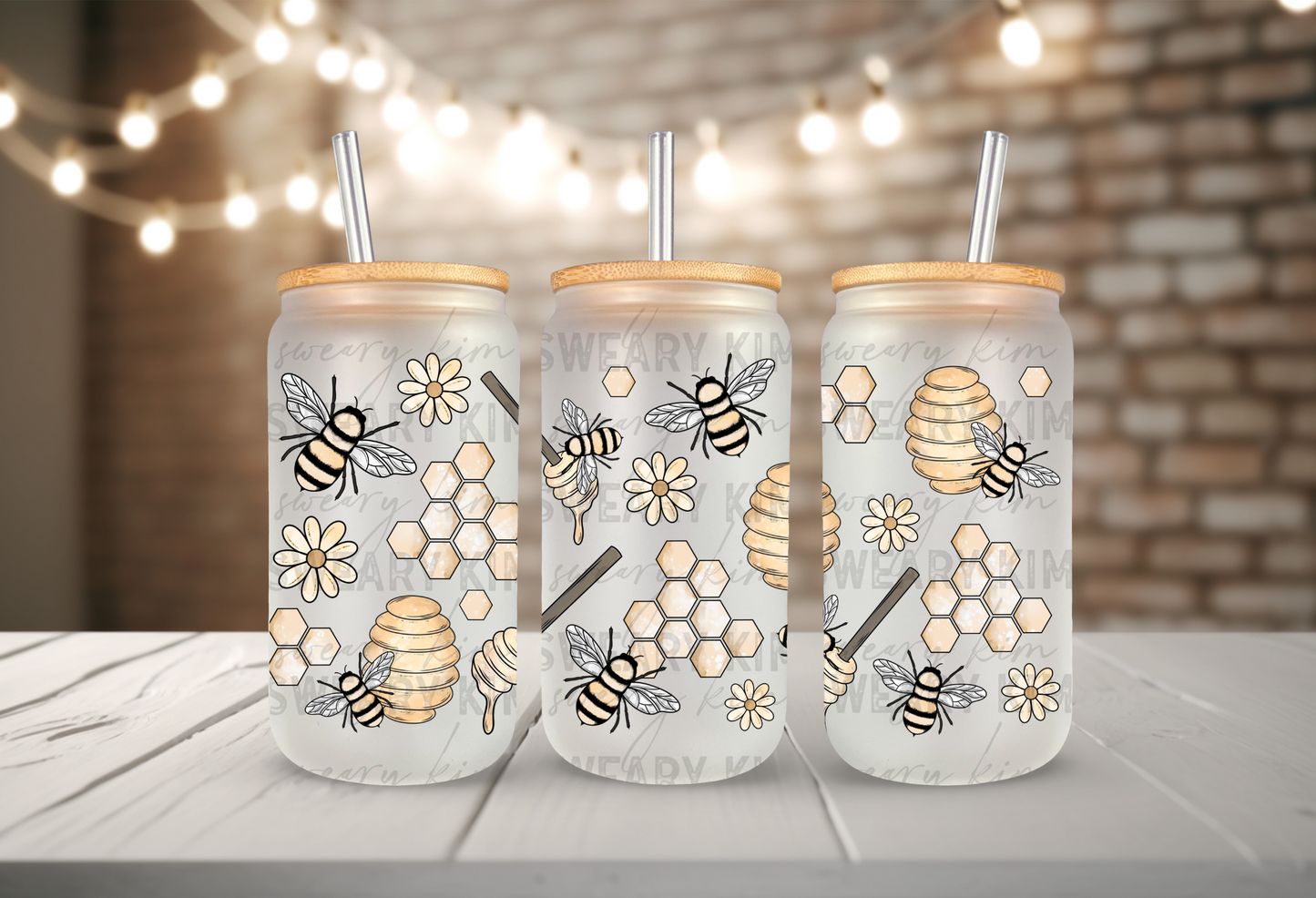Honey Bee & Honey Comb UV Dtf 16oz glass can wrap