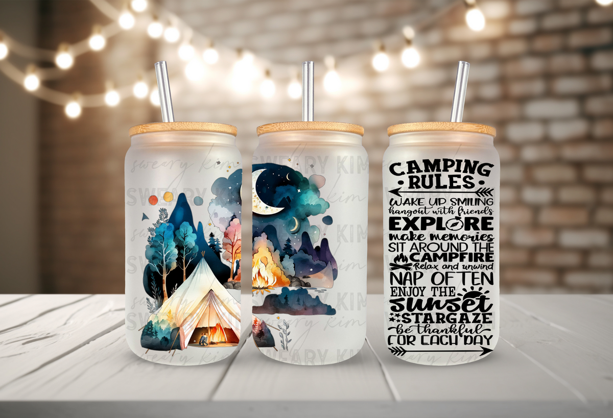 Camping Rules UV Dtf 16oz glass can wrap