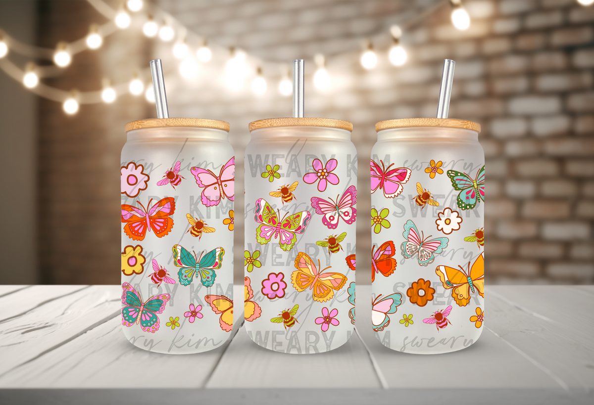 Colorful Butterflies & Bee's UV Dtf 16oz glass can wrap