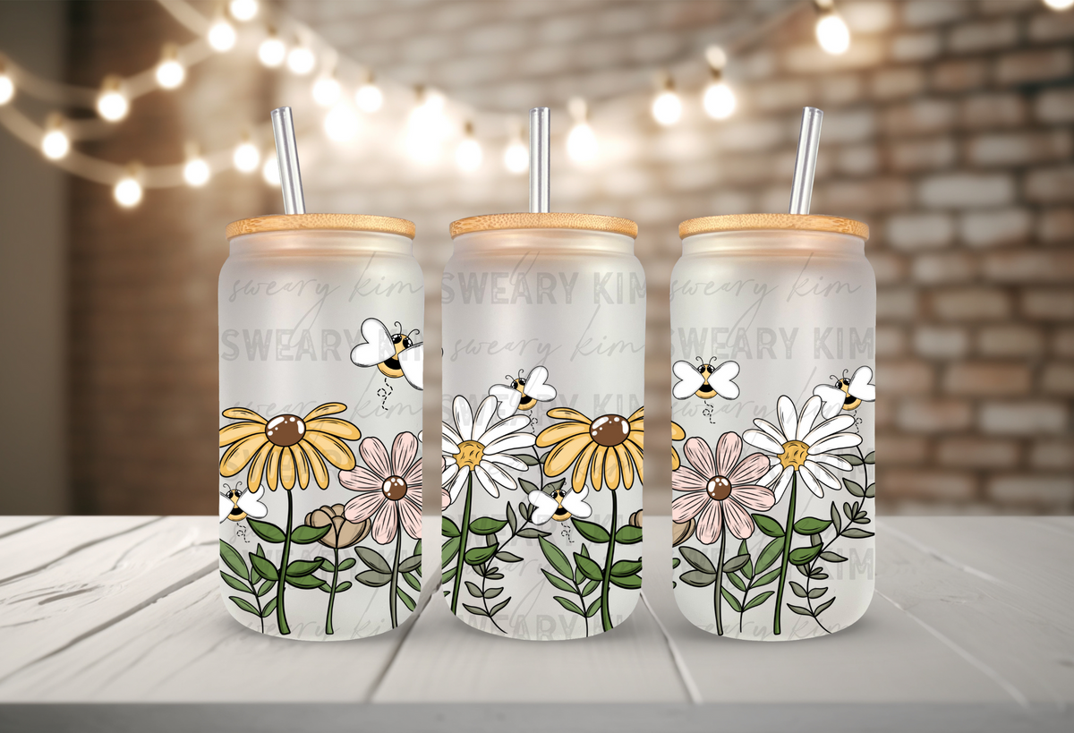 Bee Floral Border UV Dtf 16oz glass can wrap