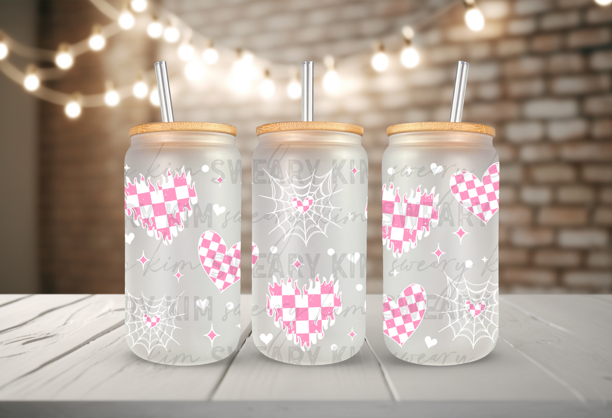 White Outlined Pink Checkered Hearts UV Dtf 16oz glass can wrap